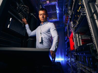 Data center engineer setting up network infrastructure