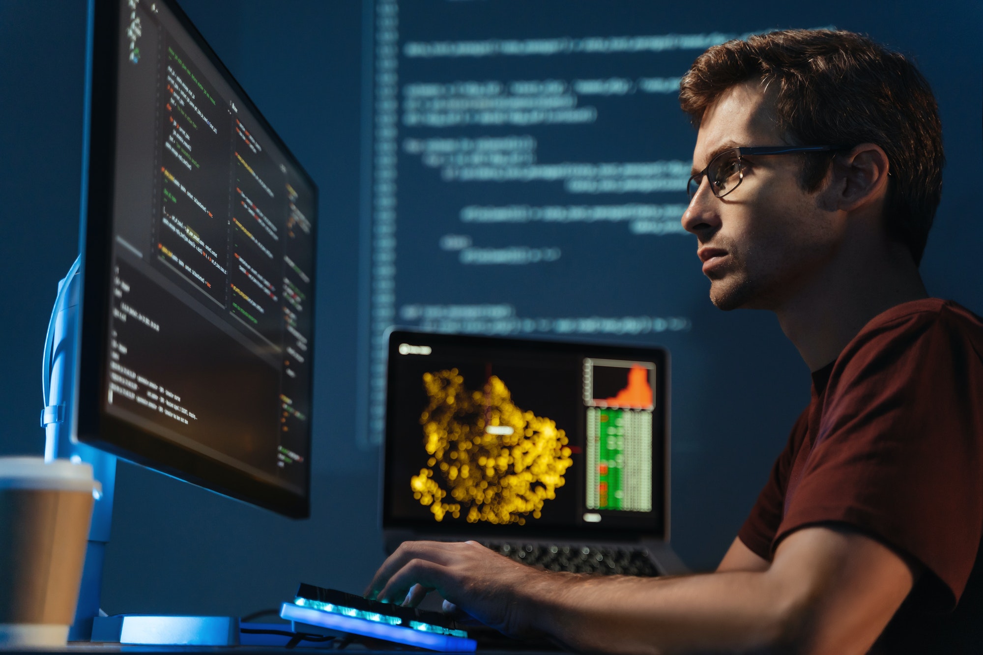 Programmer man looking at big monitor checking id-address and debugging system, writing html code