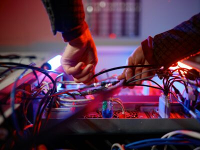 Closeup hand of it technician working with cable and wire