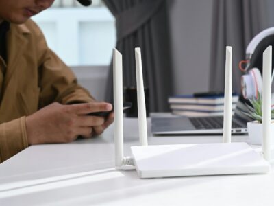 Closeup view of a wireless router with businessman using laptop and smartphone in home office.